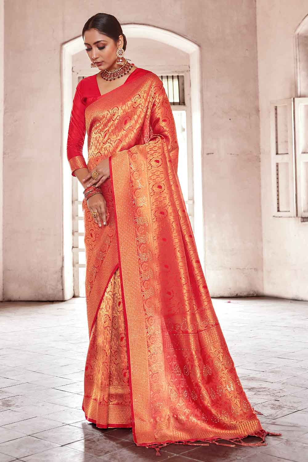 Panoply Orange Kanjivaram Silk Saree with Luxuriant Blouse Piece –  LajreeDesigner
